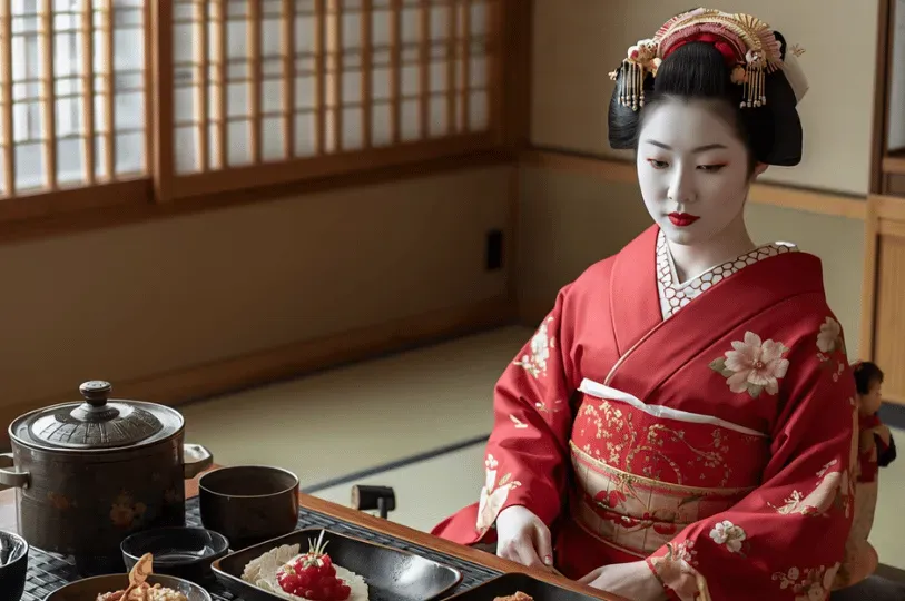 A woman dressed as a maiko in a vibrant red floral kimono sits serenely before an elegant kaiseki me