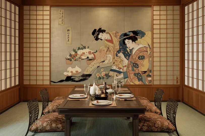 An elegant, traditional Japanese dining room set for a formal kaiseki dinner, featuring a low table with zaisu floor chairs, tatami mat flooring, and a stunning painted screen depicting women in historical dress.

