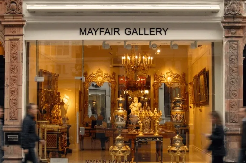 The glowing exterior window display of the Mayfair Gallery in London, showcasing a lavish collection