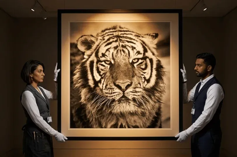 Two professionally dressed gallery handlers wearing white cotton gloves carefully present a large, dramatically lit framed photograph of a tiger's face.