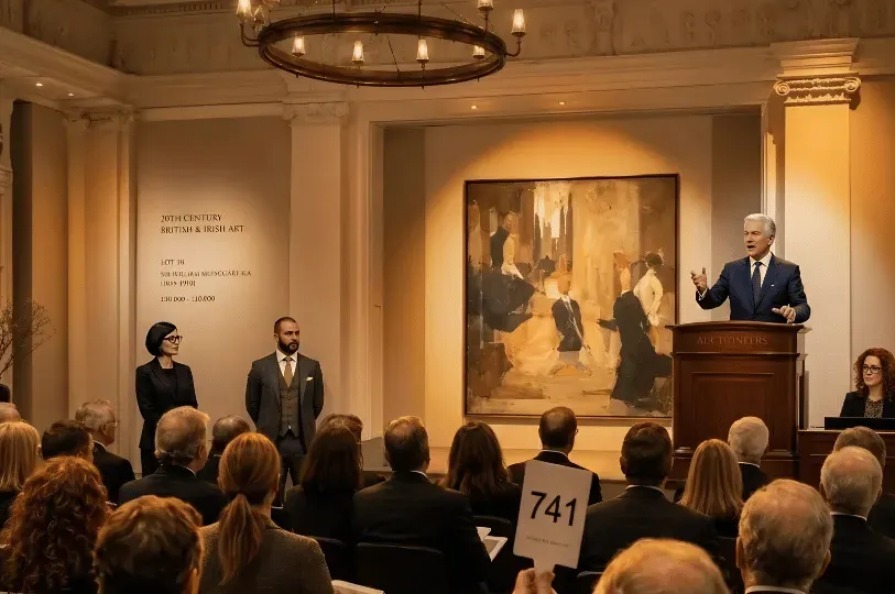 A bustling, high-end fine art auction in progress, showing a sharply dressed auctioneer at a podium taking bids for a 20th-century painting while an attendee in the foreground raises bidding paddle number 741.