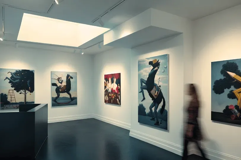 A sleek, modern contemporary art gallery with stark white walls and dark floors, displaying brightly colored surrealist paintings as the blurred silhouette of a patron walks through the space.