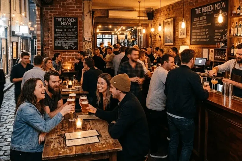 A lively, moderately crowded Melbourne laneway bar with rustic cobblestone flooring, exposed brick walls, and warm ambient lighting where a diverse crowd socializes over drinks.