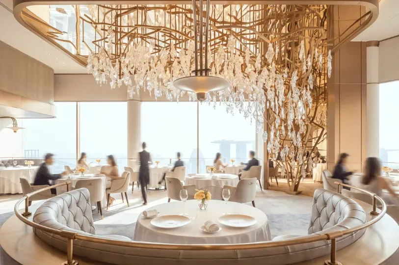 A wide view of an elegant, sunlit dining room in a high-end restaurant, featuring a sprawling, tree-