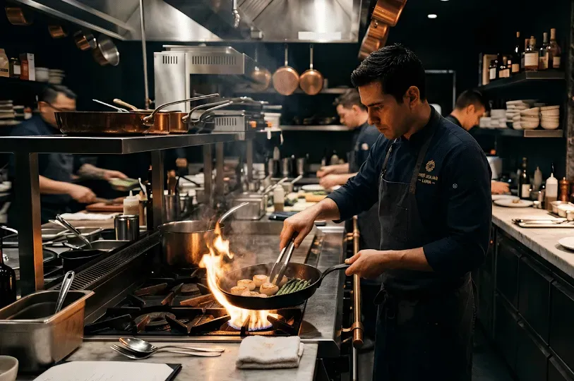A dedicated chef in a dark blue uniform expertly searing scallops in a flaming pan within a bustling