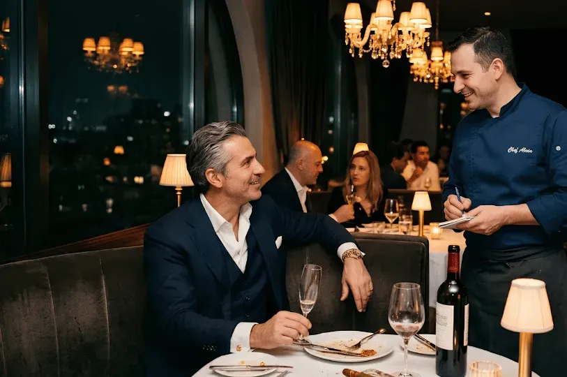 A smiling patron in a navy suit sitting at a dimly lit restaurant booth, chatting amiably with a chef who is standing beside the table taking notes.