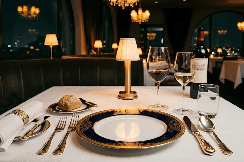 An elegant place setting at an upscale restaurant featuring a gold-and-navy-rimmed plate, polished silver cutlery, and wine glasses, illuminated by a small table lamp with city lights in the background.