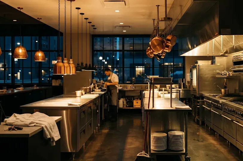  A quiet, softly lit commercial kitchen winding down after hours, with one staff member cleaning in the background and a discarded white chef's coat resting on a stainless steel counter in the foreground.