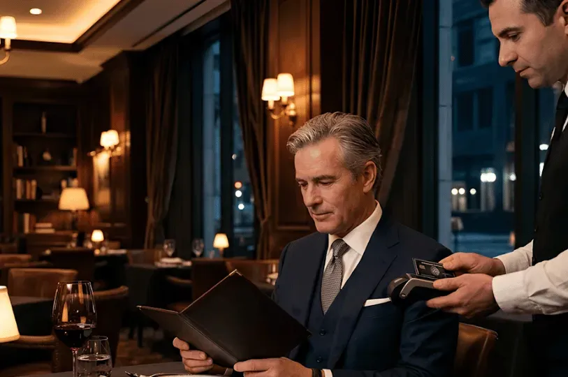 A well-dressed man reviewing a black check presenter at an upscale, wood-paneled restaurant while handing a credit card to a waiter with a mobile payment terminal.