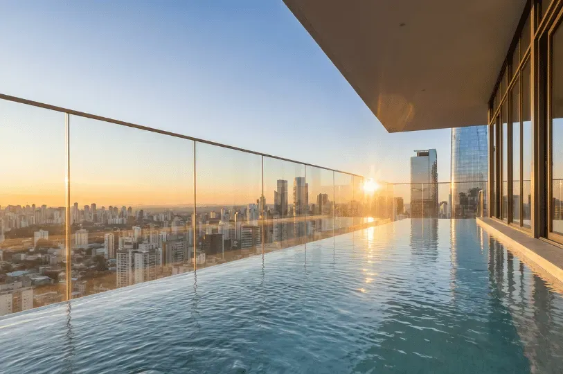 An infinity pool on a high-rise balcony at golden hour, overlooking a sprawling city skyline, symbol