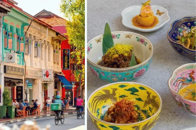 A split image showing a vibrant street scene of pastel heritage shophouses with patrons dining alfresco on the left, alongside a close-up of elegant Asian dishes served in ornate, colorful Peranakan-style bowls on the right.