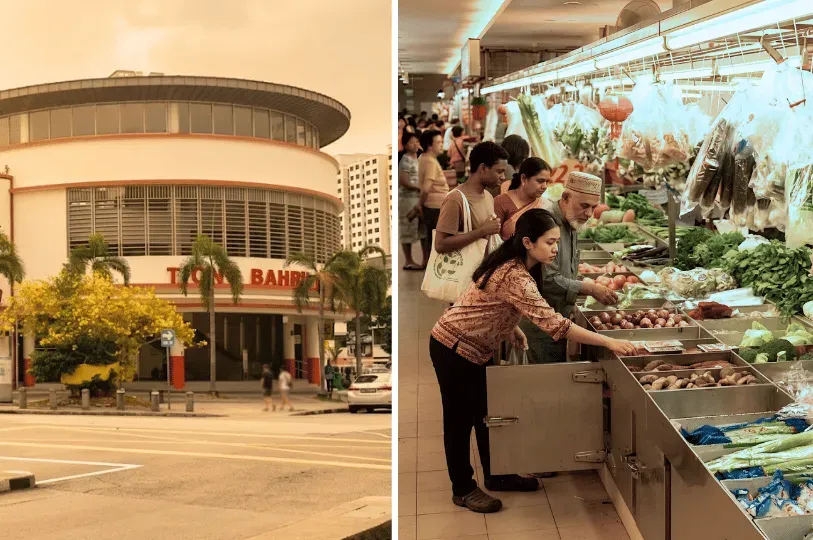 A split image featuring the distinctive curved, Art Deco-style exterior of Tiong Bahru Market on the left, paired with a bustling interior scene of locals shopping for fresh vegetables at a wet market stall on the right.