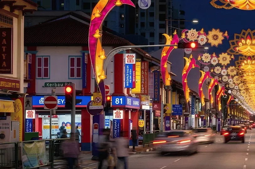 A dynamic night view of a bustling Singapore street illuminated by towering, brightly colored festival light arches, with cars and pedestrians captured in motion blur against a deep blue evening sky.