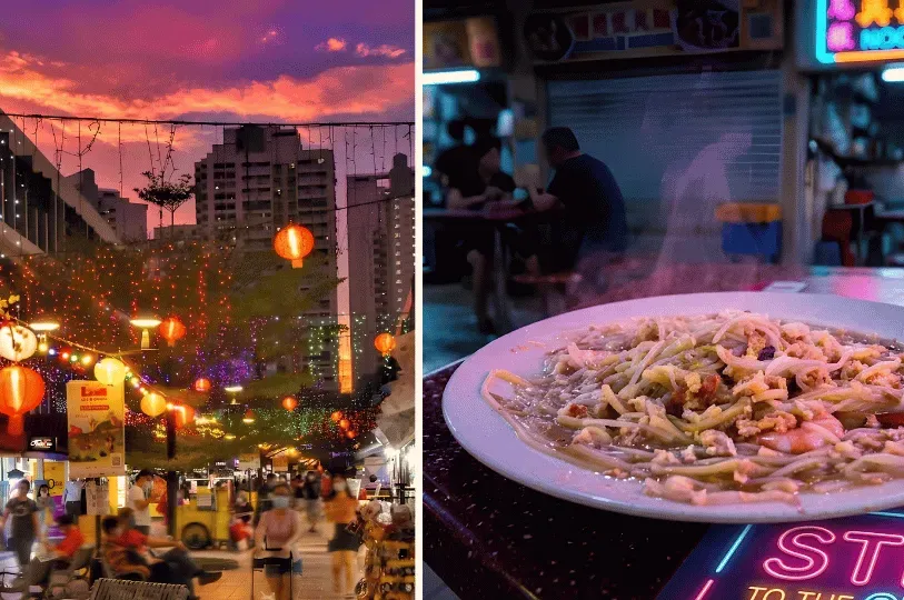 A split image capturing a lively neighborhood street market adorned with glowing red lanterns under a dramatic purple and orange sunset on the left, alongside a close-up of a savory plate of local Hokkien Mee under neon hawker center lights on the right.