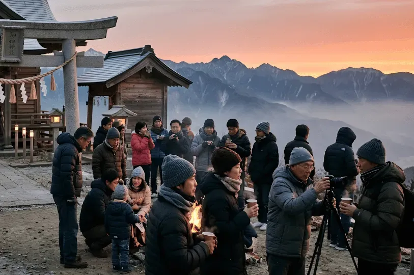 A group of people in warm winter clothing gathered around a small fire at a mountain-top Shinto shrine, awaiting the first sunrise of the year against a backdrop of jagged peaks and a sea of clouds.