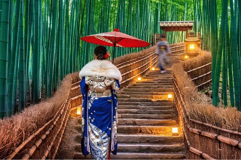 A woman dressed in an elegant blue kimono and a white fur stole, holding a red traditional umbrella, ascends stone steps illuminated by warm lanterns through a serene, towering green bamboo forest.