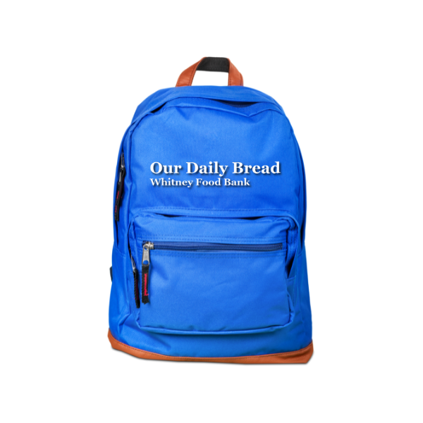 A bright blue backpack with a brown bottom and handle, featuring the text 
