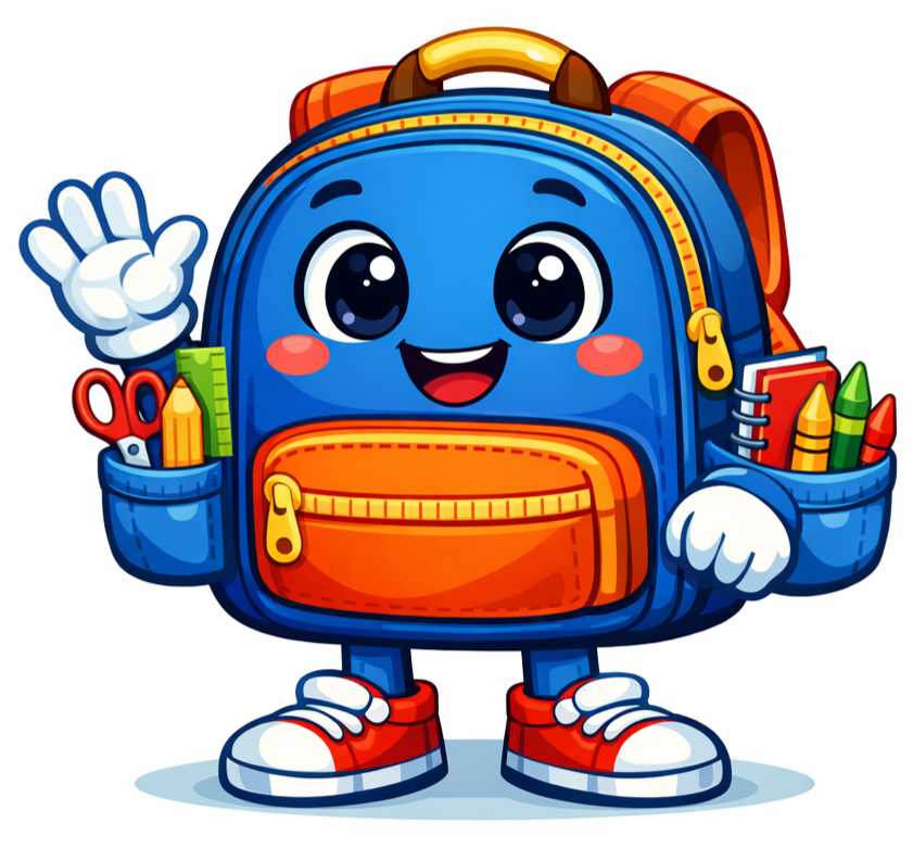 A friendly, blue cartoon backpack character with orange accents, waving hello and wearing red sneakers.