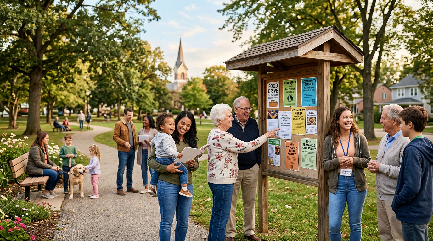Diverse group gathers at a wooden community bulletin board in a sunny, tree-lined park with a church steeple in the back.