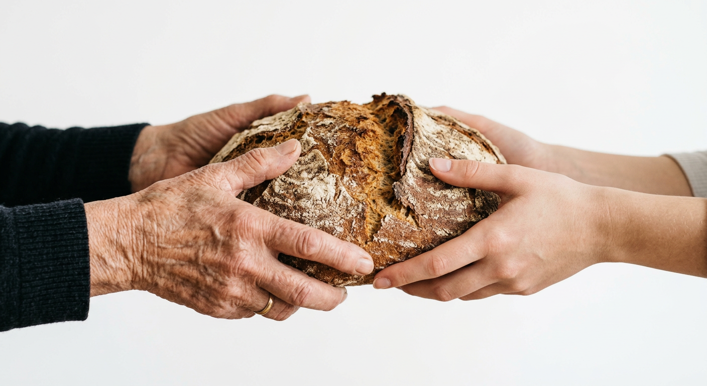 A drawing of a loaf of bread with the words our daily bread below it