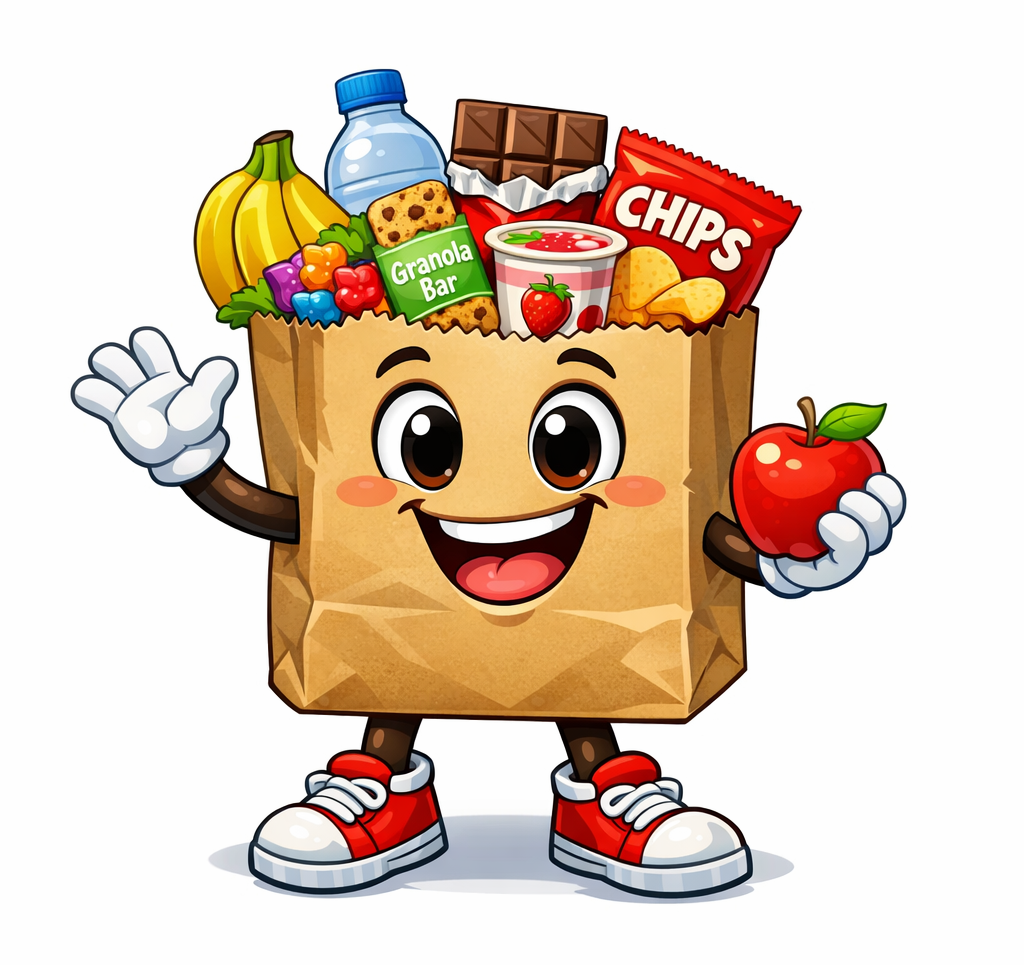 Smiling grocery bag mascot holding an apple, with fruits, chips, and snacks on top