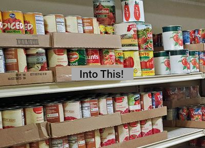 A can of diced tomatoes sits on a shelf in a store