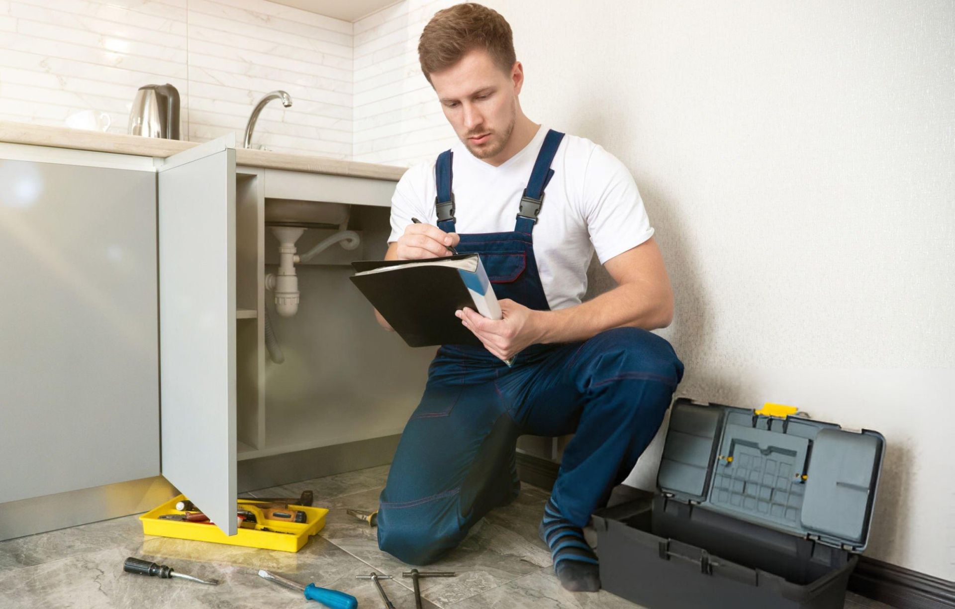 A person in overalls writing on a clipboard | Emergency Residential Plumber in Belton MO
