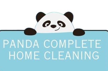 A panda bear holding a sign that says panda complete home cleaning