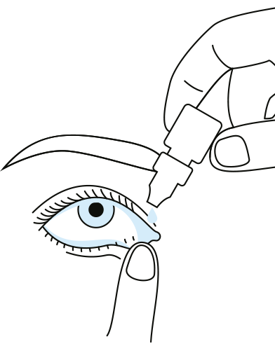 Hand applying eye drops to a blue eye, with a finger pulling down the lower eyelid.