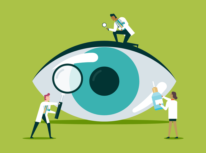 Doctors examining a giant eye with magnifying glasses and tools; green background.