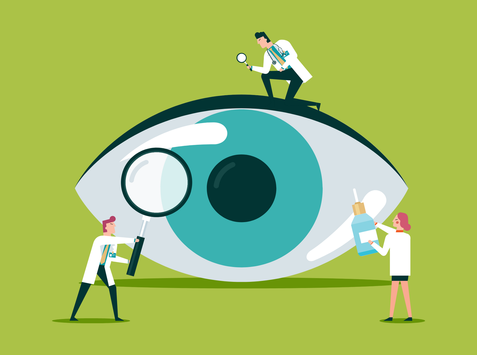 Doctors examining a giant eye with magnifying glasses and eye drops on a green background.