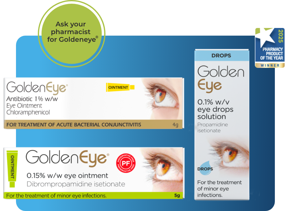 GoldenEye eye care products displayed; eye ointment and drops, with a blue background.