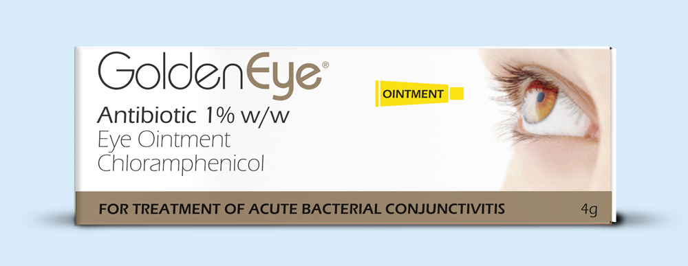 Golden Eye antibiotic eye ointment, with text and an eye close-up illustration.