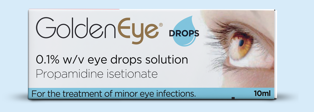 Box of GoldenEye eye drops, light blue, with text and a close-up eye image.