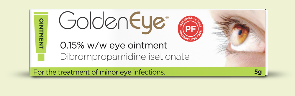Box of GoldenEye eye ointment with an eye image, featuring a 0.15% w/w formula for minor eye infections.