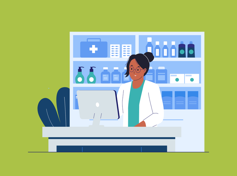 Pharmacist at counter in pharmacy. Shelves with medications in background, green background.