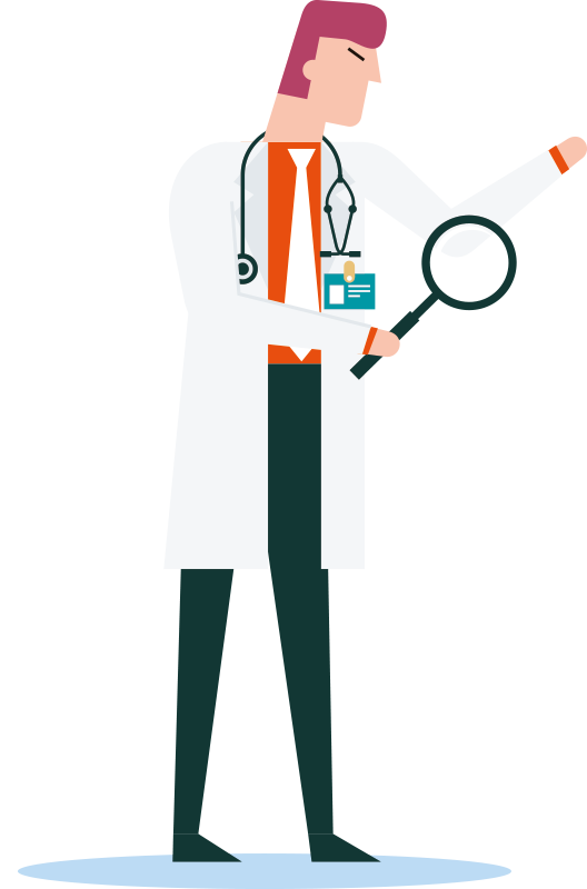 Doctor with stethoscope examines something with a magnifying glass.