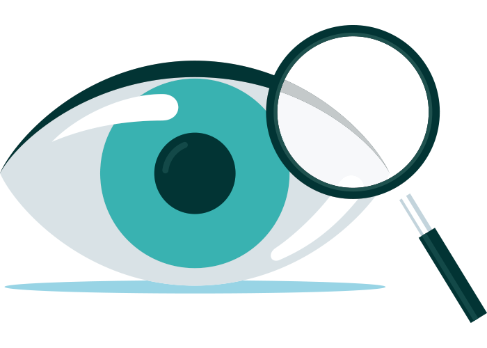 Eye with teal iris, being examined with a magnifying glass.