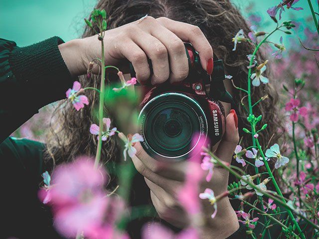 Image of a woman taking photos of pink flowers