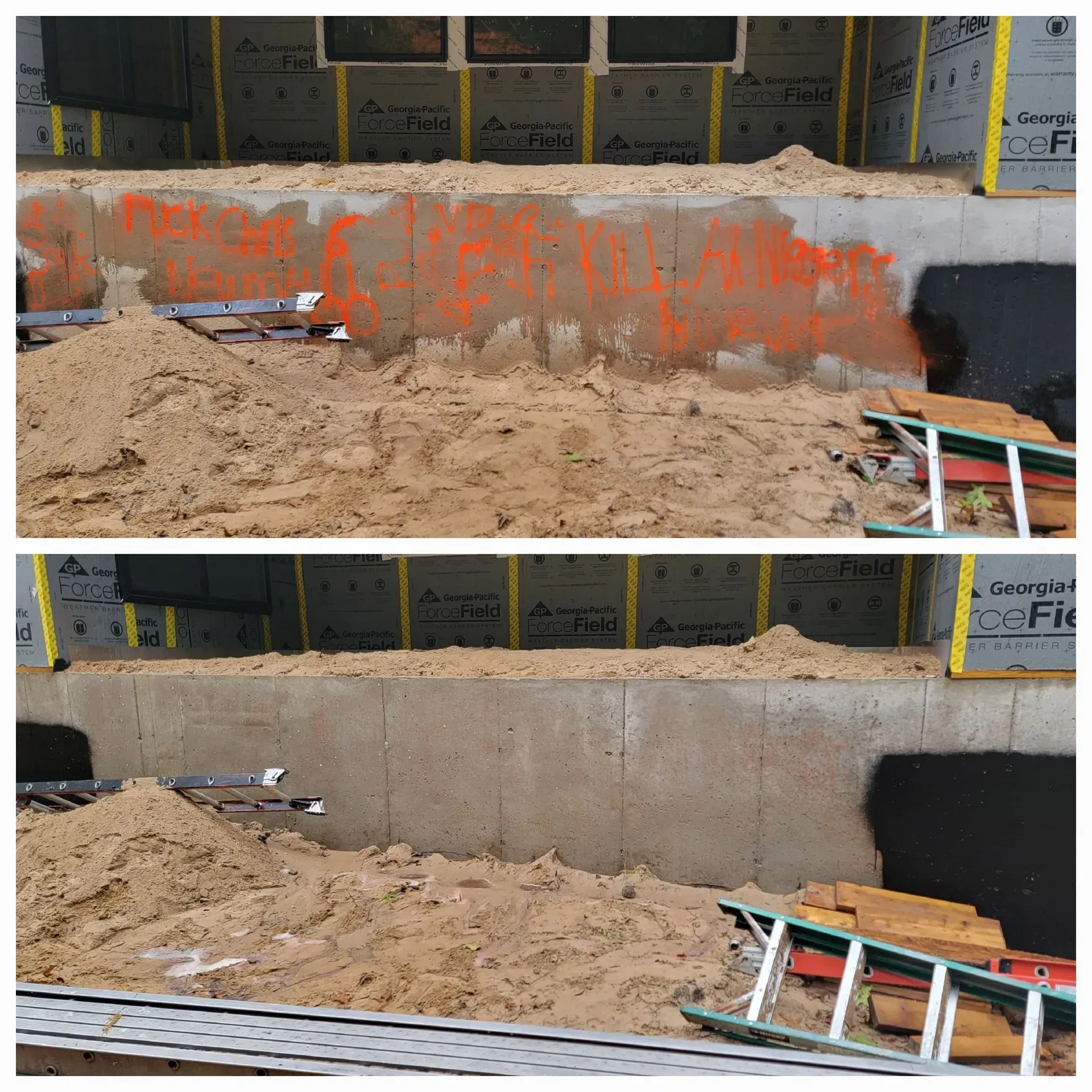 A pile of dirt is sitting in front of a building under construction.