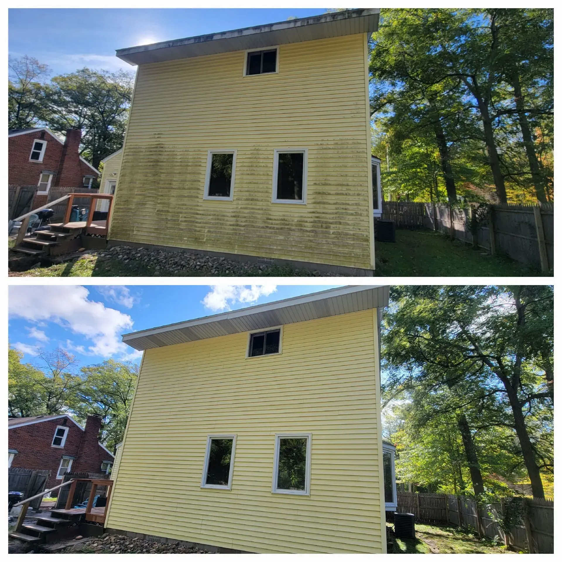 A before and after picture of a house with yellow siding.