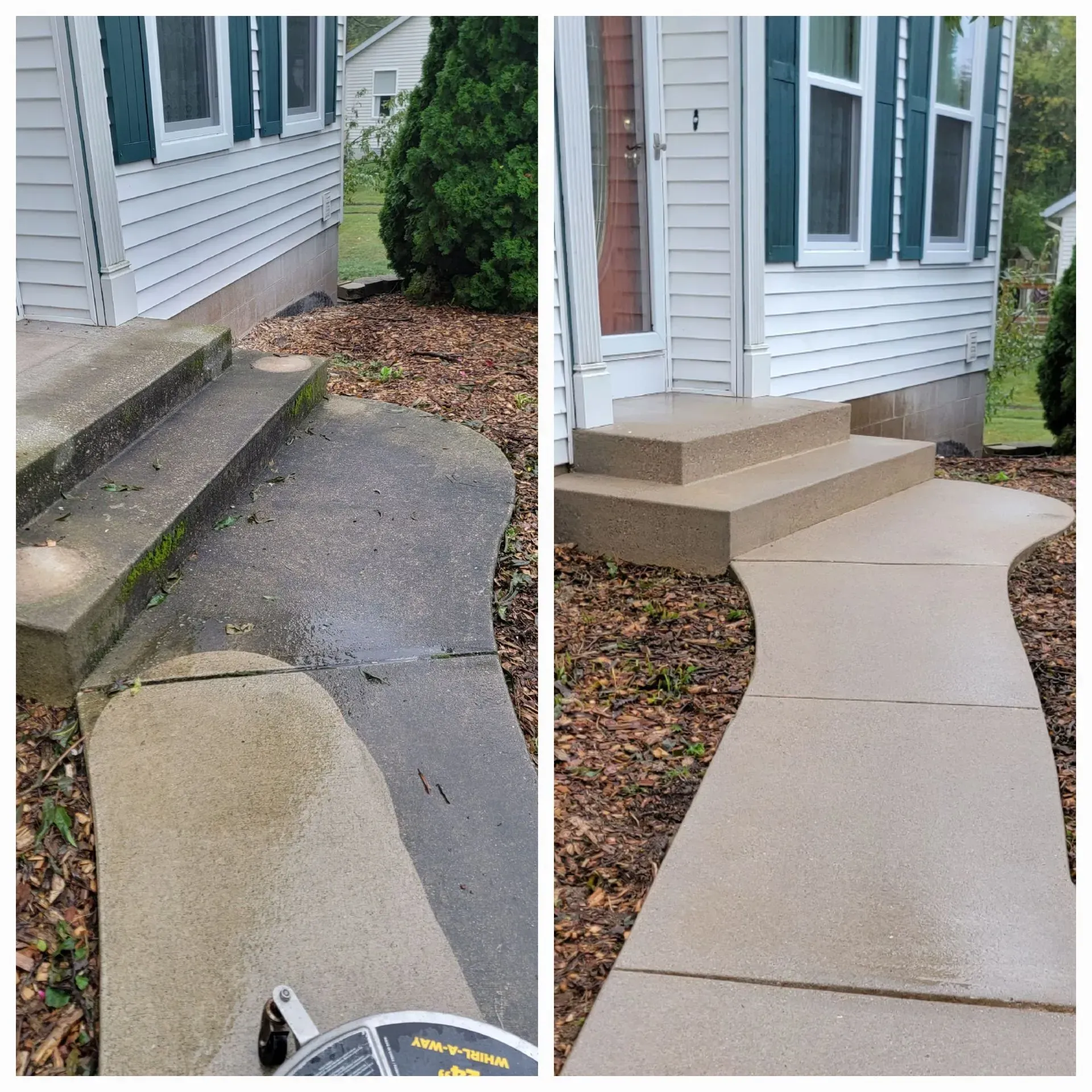 A before and after photo of a concrete walkway in front of a house.