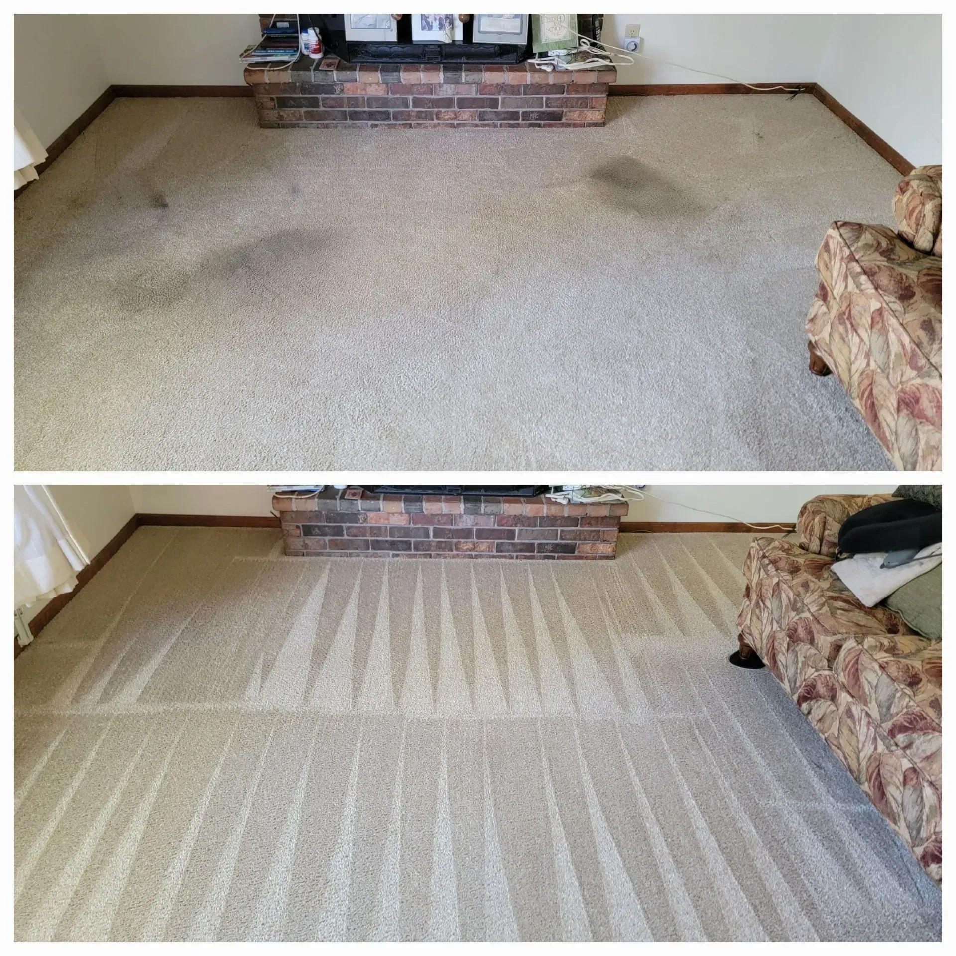 A before and after picture of a living room carpet being cleaned.