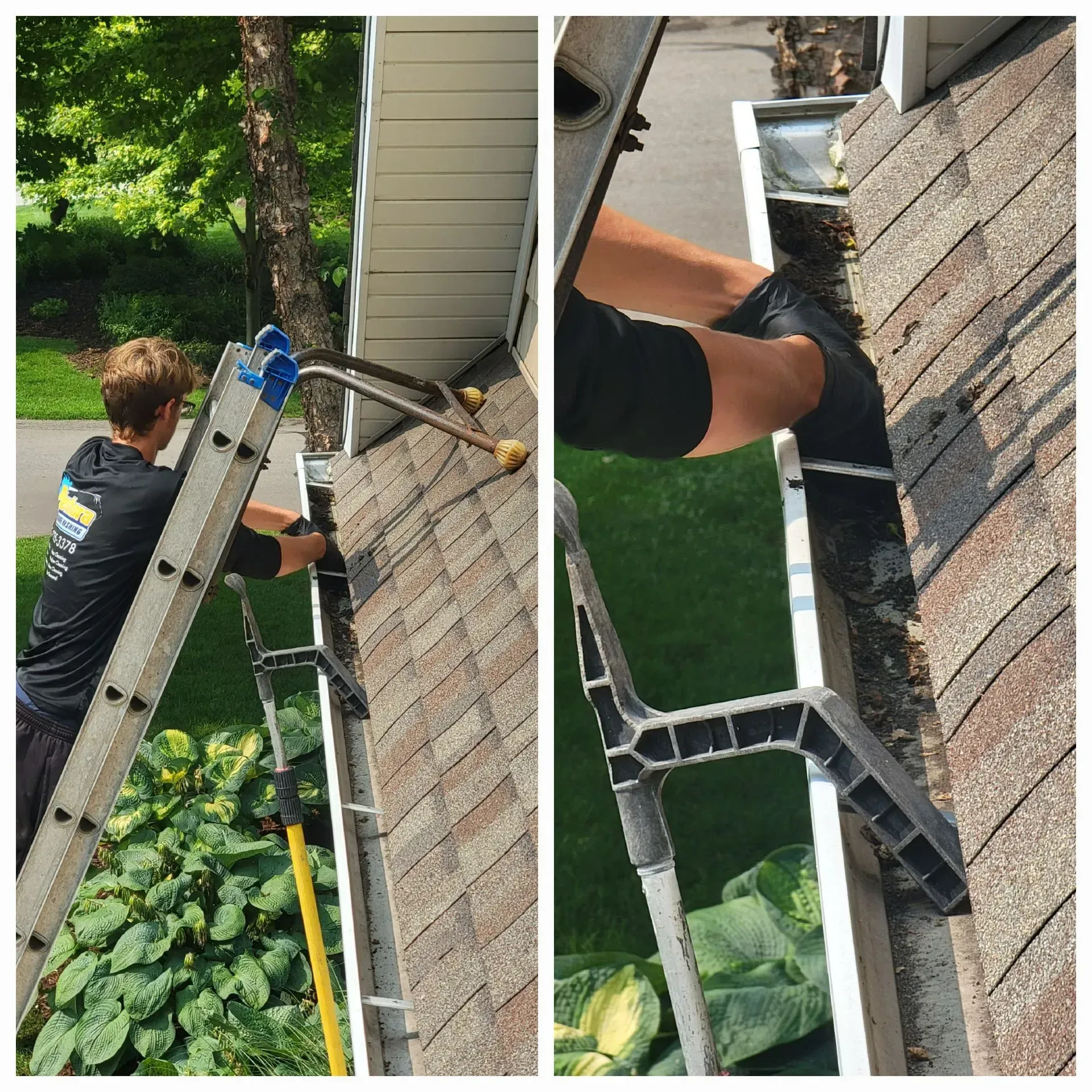 A man is standing on a ladder fixing a gutter on a roof.