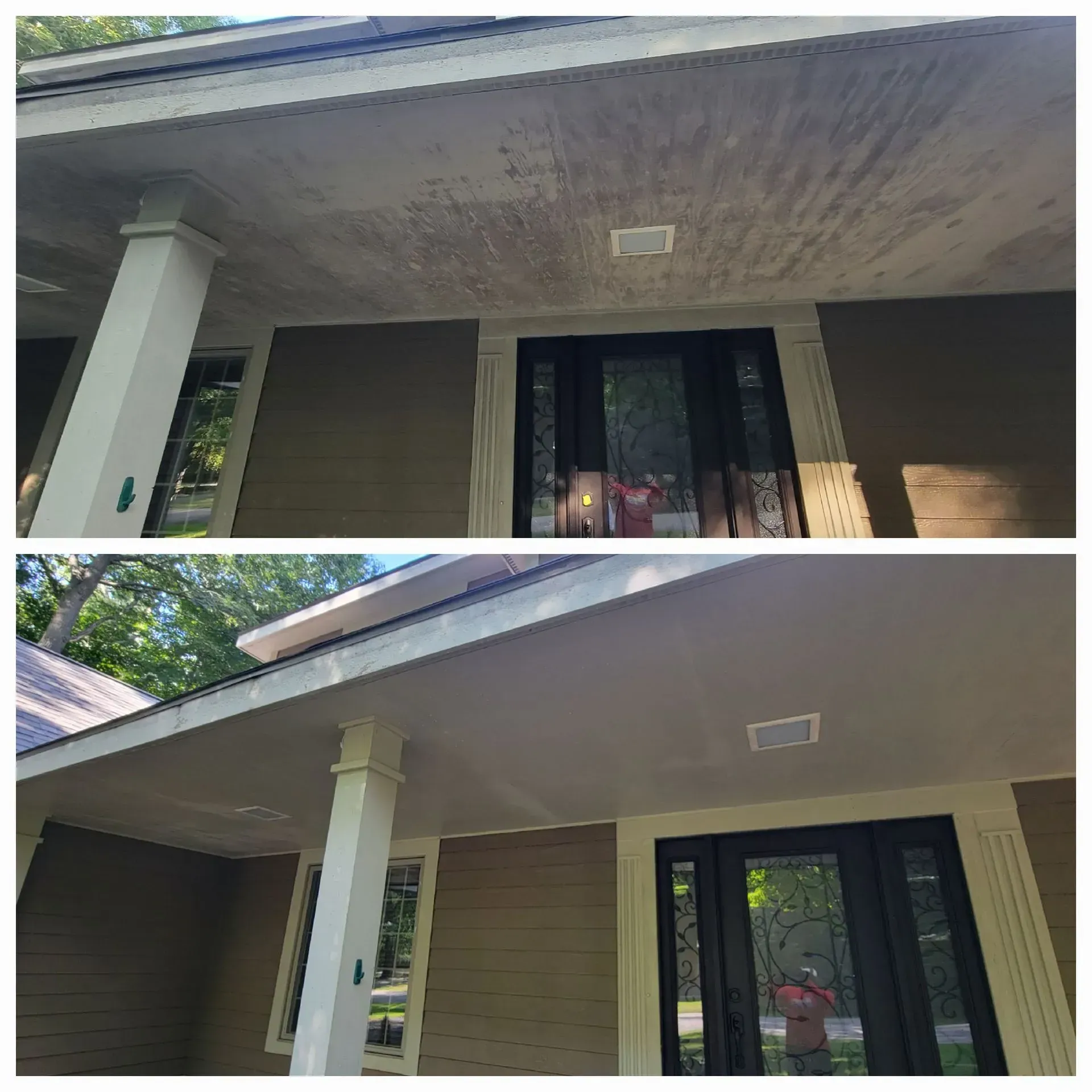 A before and after picture of the roof of a house.