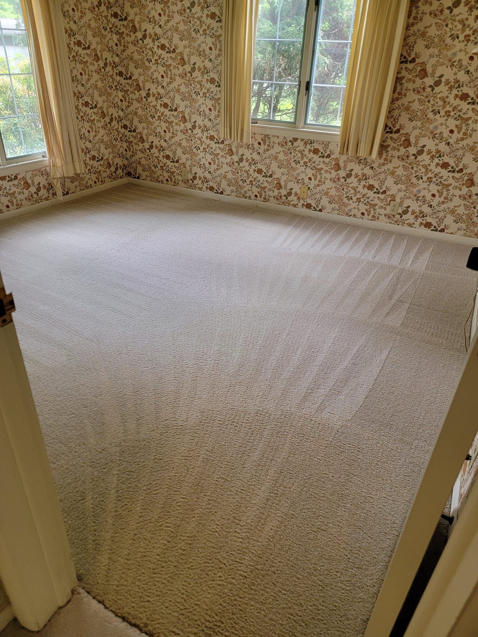 There is a large carpeted floor in the middle of the room.