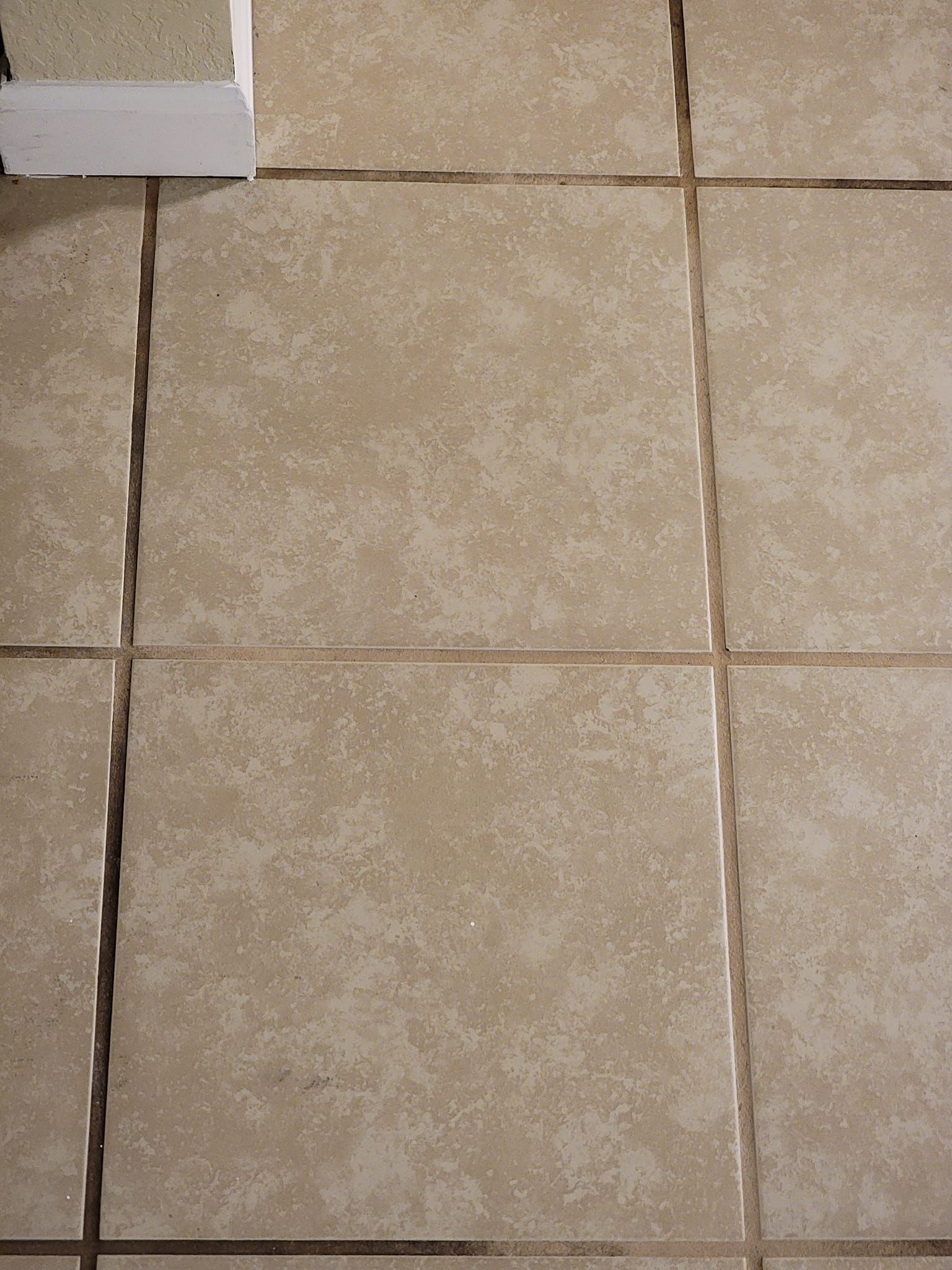 A close up of a tiled floor with black grout between the tiles.