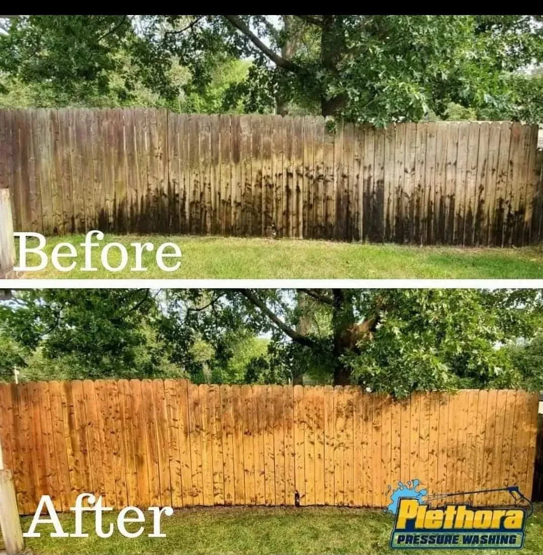 A before and after picture of a wooden fence being cleaned.