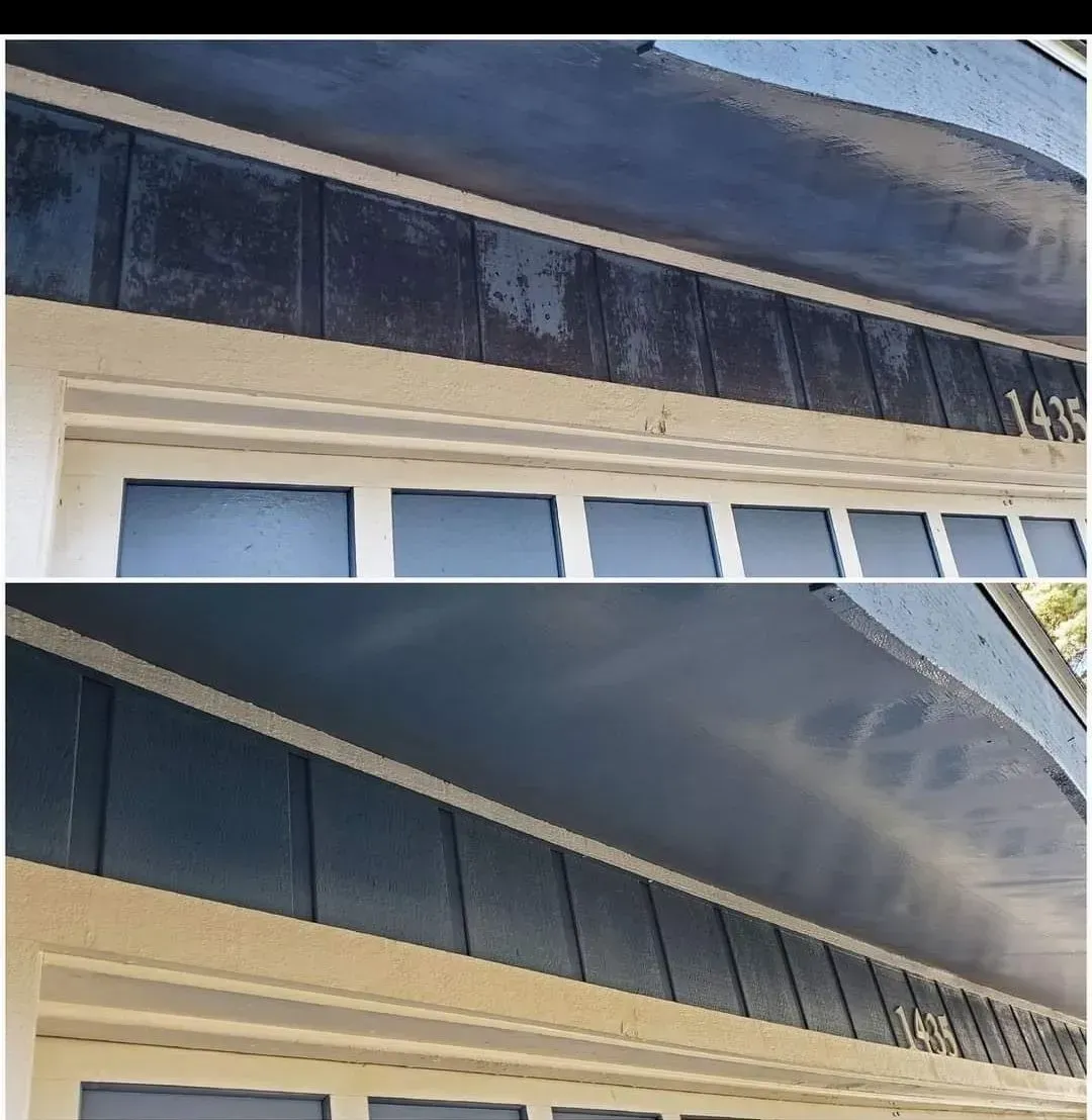 A before and after picture of a garage door being cleaned.
