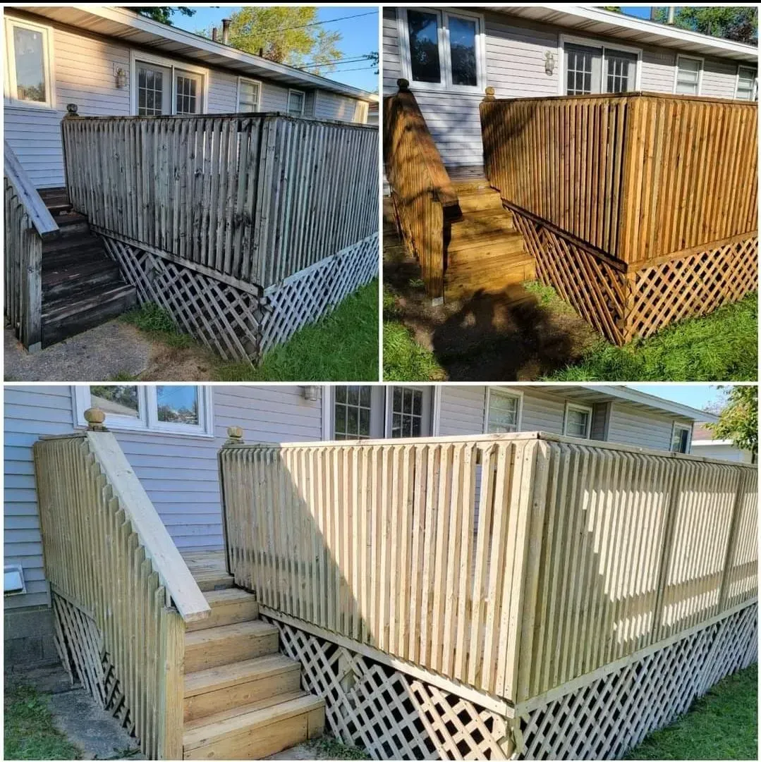 A before and after photo of a wooden deck in front of a house.